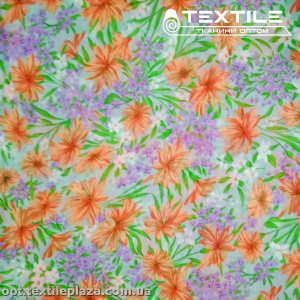 Шифон цветной 4059D19C1 цветы лососево-сиреневые, мятный