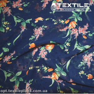 Шифон жаккард цветной 4074D278C2 Uragiri dott цветы оранжевые, темно-синий