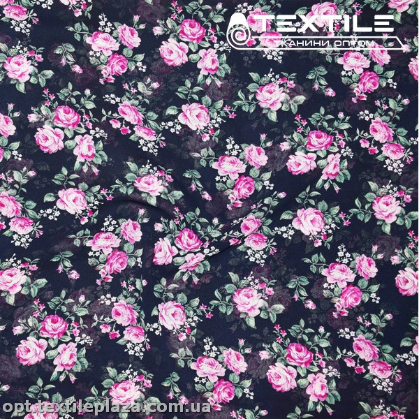 Шифон цветной 4081D37C2 цветы розовые, темно-синий