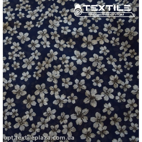 Шифон цветной 3808D8C1 цветы белые, темно-синий