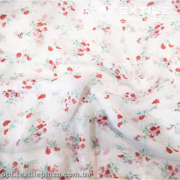 Шифон цветной 4019D10C3 цветы красные, белый