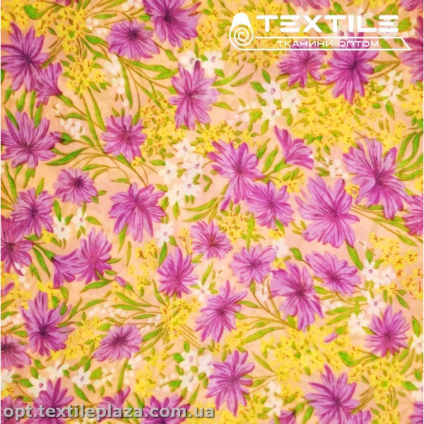 Шифон цветной 4059D19C2 цветы желто-сиреневые, персиковый