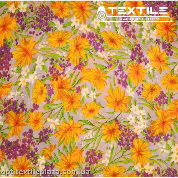 Шифон цветной 4059D19C3 цветы оранжево-фиолетовые, сиреневый