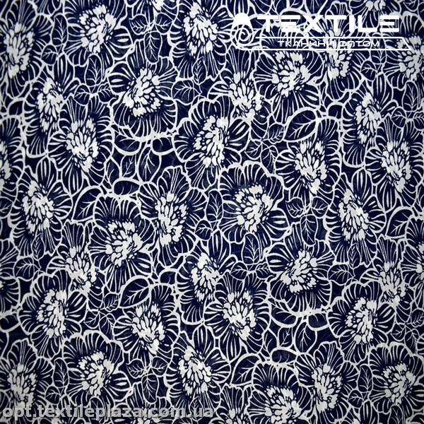 Шифон цветной 3539D19C1 цветы белые, темно-синий