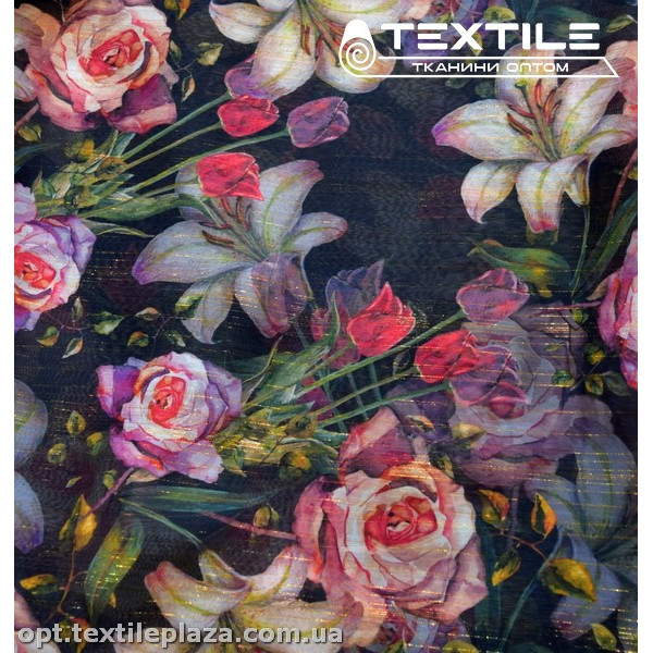 Шифон люрекс цветной 3807D3C2 цветы лиловые, темно-синий