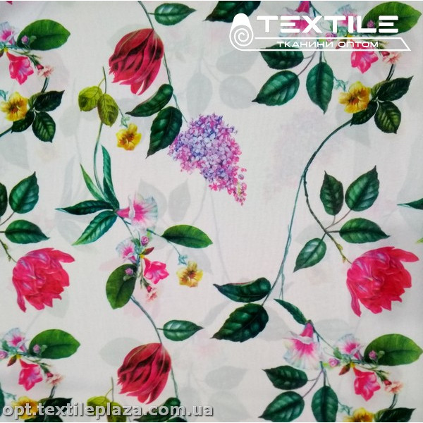 Шифон цветной 3809D14C1 цветы красные, белый