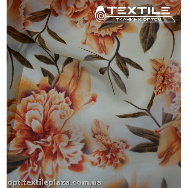 Шифон цветной 3889D67C3 цветы оранжевые, молочный