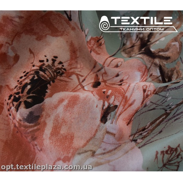 Шифон цветной 3889D781C3 цветы лососевые, мятный