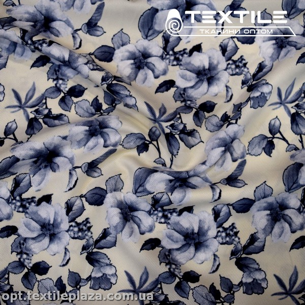 Супер софт цветы 3811D4C1 синие, твил молочный