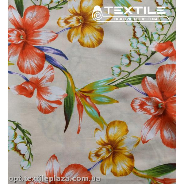 Штапель цветной 3895D3C1 цветы, молочный