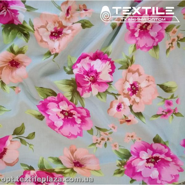 Вискоза-slub цветная 4072D321C2 цветы, мятный