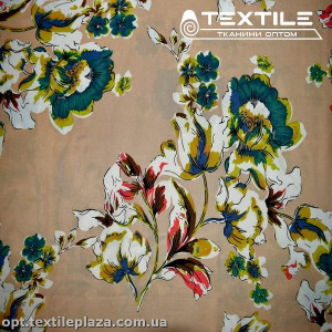 Вискоза-твил цветная 3521D5C1 цветы, бежевый