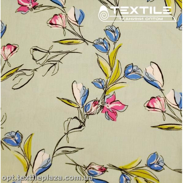 Вискоза-крэш цветная 4070D23C3 цветы, мятно-голубой