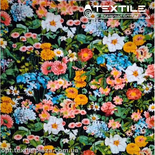 Вискоза-slub цветная 4072D372C1 цветы, черный