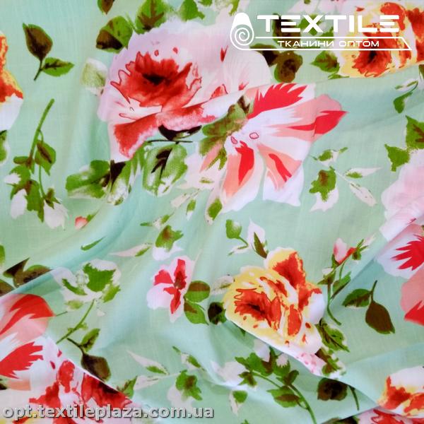 Вискоза-slub цветная 4072D373C2 цветы, мятный
